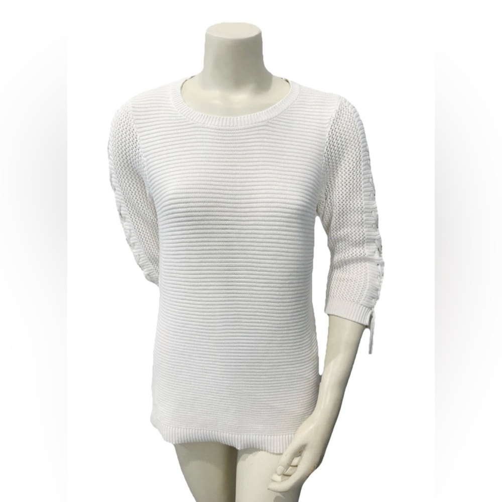 Calvin Klein Women’s White Knit Sweater Sz M Lace-Up Sleeve 100% Cotton Pullover